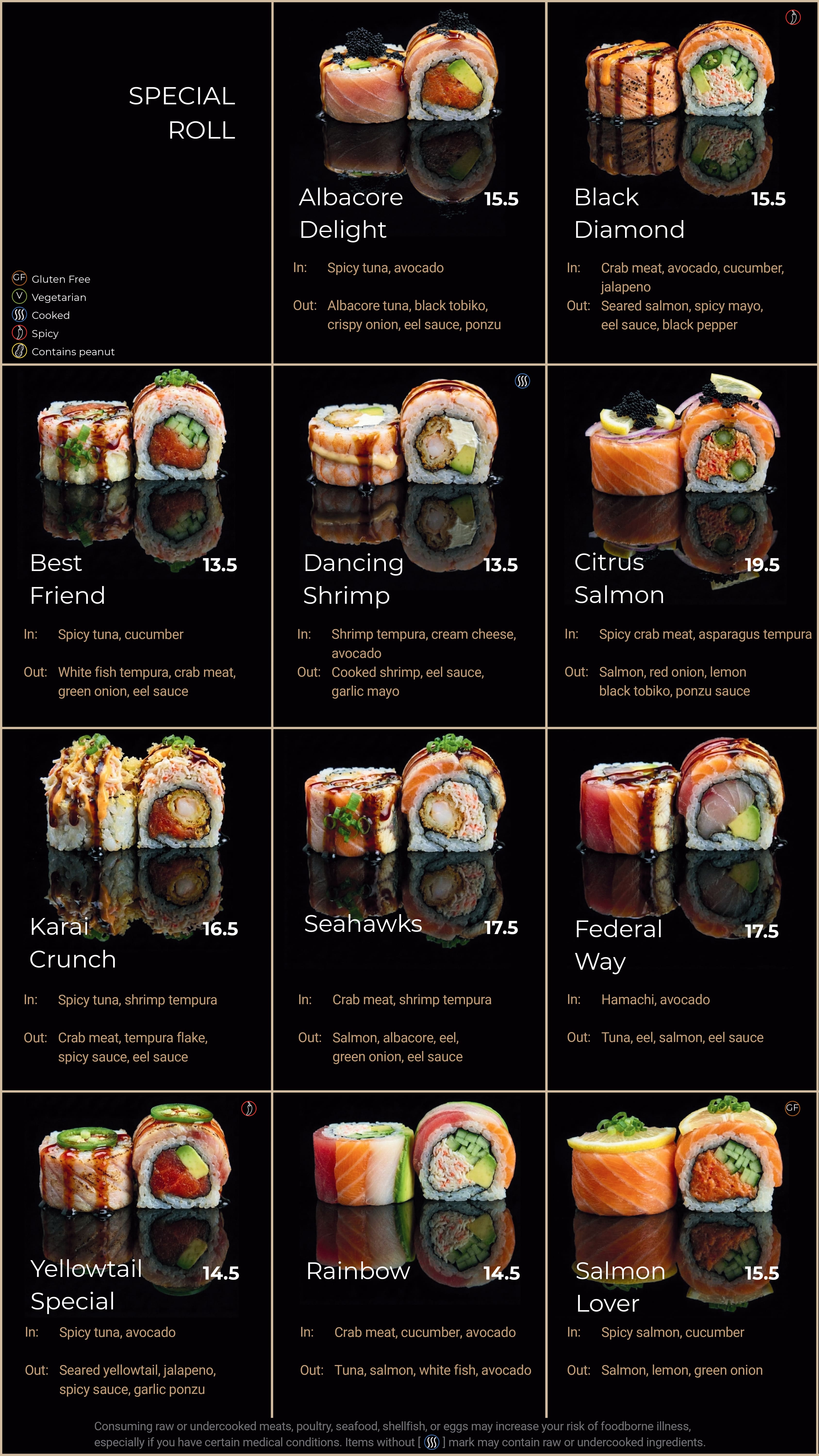 Blue Island Sushi menu page 5 - Nigiri and Sashimi: Sake salmon, Seared Sake, Sake Toro salmon belly, Maguro tuna, Hamachi yellowtail, Shiro Maguro albacore, Ebi shrimp, Unagi eel, Tako octopus, Ika squid, Inari tofu skin, Tamago - Gunkan: SMT, Masago, Tobiko, Ikura