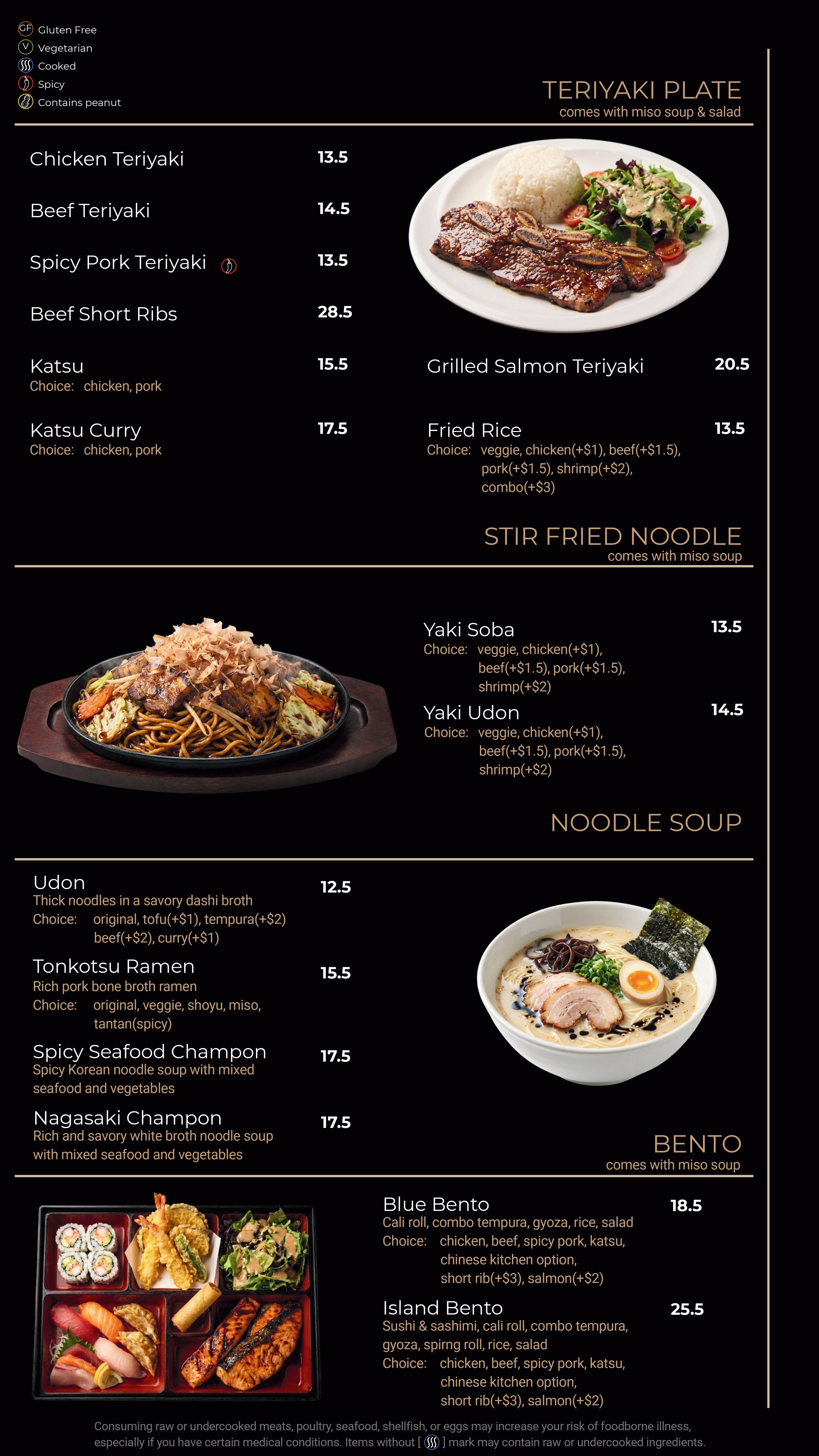 Blue Island Sushi menu page 10 - Teriyaki Plate: Chicken Teriyaki, Beef Teriyaki, Spicy Pork Teriyaki, Beef Short Ribs, Katsu, Katsu Curry, Grilled Salmon Teriyaki, Fried Rice - Stir Fried Noodle: Yaki Soba, Yaki Udon - Noodle Soup: Udon, Tonkotsu Ramen, Spicy Seafood Champon, Nagasaki Champon - Bento: Blue Bento, Island Bento