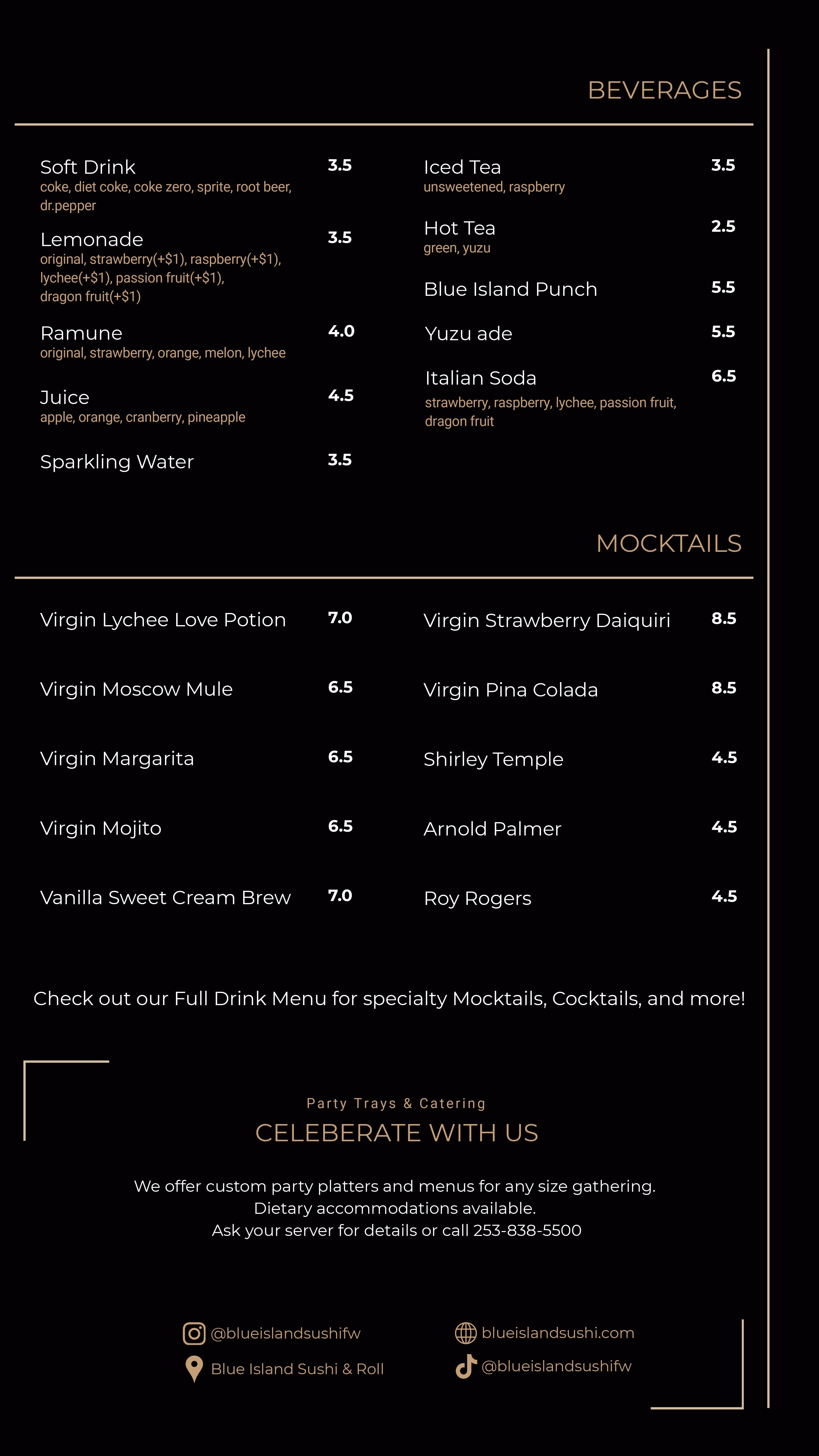 Blue Island Sushi menu page 11 - Korean Kitchen: Korean Fried Chicken, Tteokbokki, Kimchi, Seafood Pancake, Beef Bulgogi, Spicy Pork Bulgogi, Kalbi, Dolsot Bibimbap, Soft Tofu Soup, Boodae Jjigae - Chinese Kitchen: Orange Chicken, General Tso's Chicken, Sweet and Sour Chicken, Garlic Chicken, Broccoli Beef, Mongolian Beef